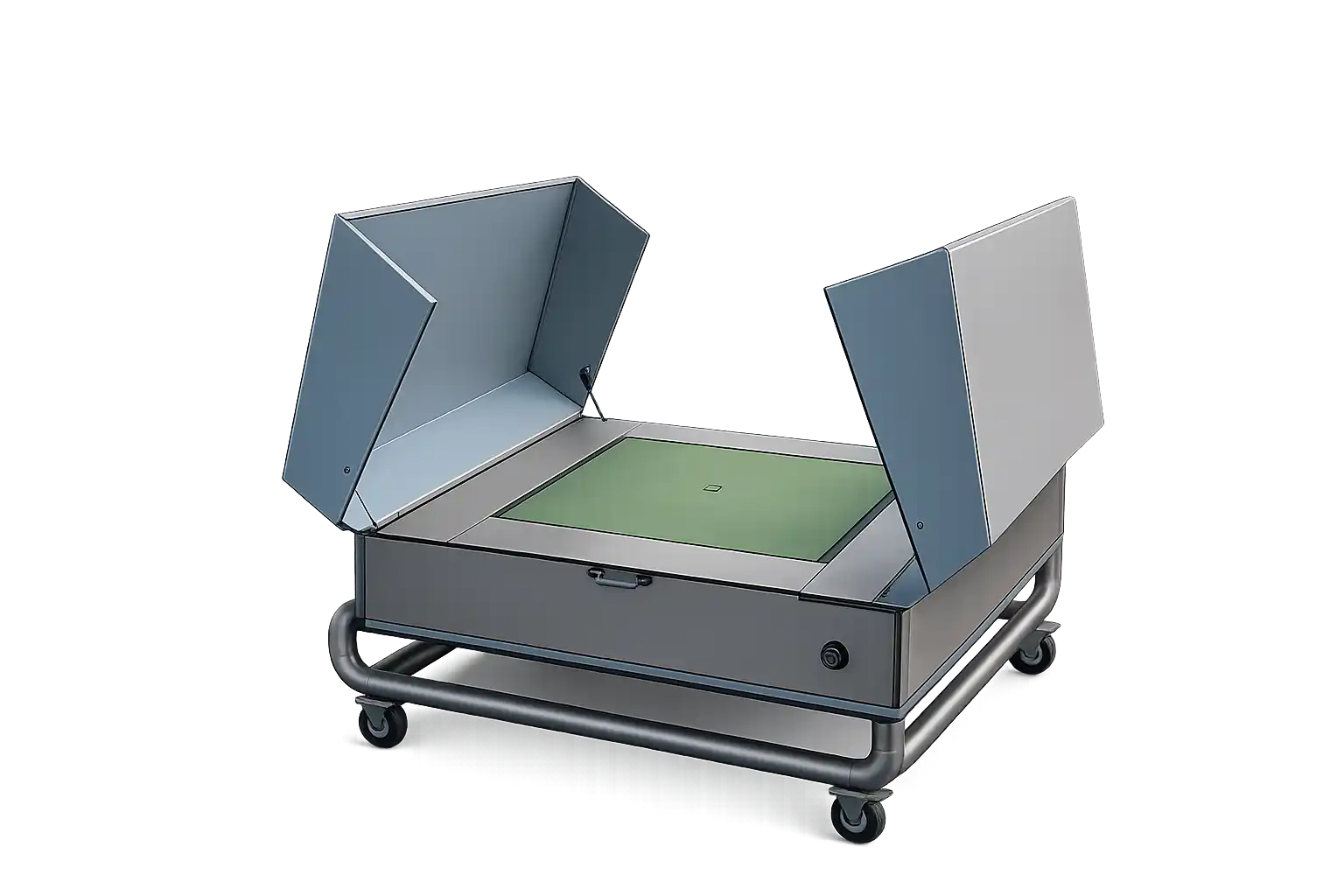 earthity charging dock enclosure, open, on a flat commercial rooftop.
